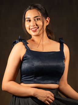 I LOVE SAREES - Dark Blue Sleeveless Knot Crop Top Velvet Stitched Blouse