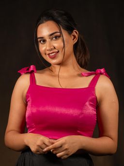 I LOVE SAREES - Pink Sleeveless Knot Crop Top Velvet Stitched Blouse