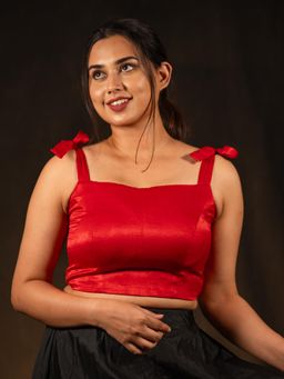 I LOVE SAREES - Red Sleeveless Knot Crop Top Velvet Stitched Blouse