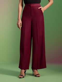 RSVP by Nykaa Fashion - Maroon Solid High Waist Wide Leg Pant