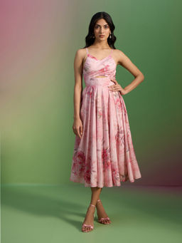 RSVP by Nykaa Fashion - Pink Printed Strappy Twisted Fit & Flare Midi Dress