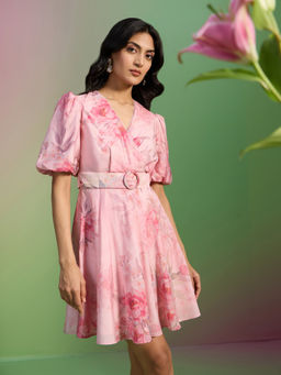 RSVP by Nykaa Fashion - Pink Printed V Neck Puff Sleeves Fit & Flare Belted Mini Dress