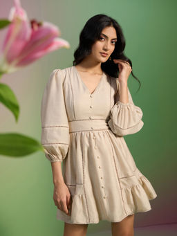 RSVP by Nykaa Fashion - Beige V Neck Balloon Sleeves Mini Dress