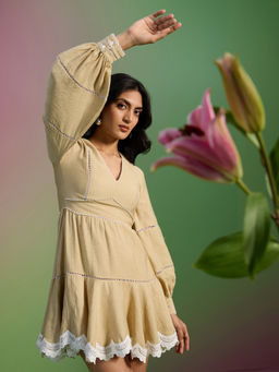 RSVP by Nykaa Fashion - Beige V Neck Puff Sleeves Fit & Flare Mini Dress