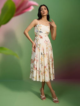RSVP by Nykaa Fashion - Cream Floral Strappy Tie Up Back Waist Cutout Midi Dress