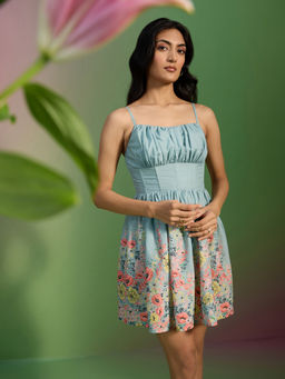 RSVP by Nykaa Fashion - Shadow Green Floral embellished Gathered Corset Detail Mini Dress