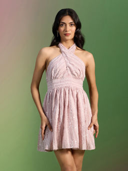 RSVP by Nykaa Fashion - Pink Halter Neck Sequin Embellished Backless Mini Dress