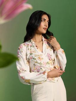 RSVP by Nykaa Fashion - Cream Floral Collared V Neck Full Sleeves Top