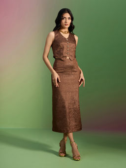 RSVP by Nykaa Fashion - Mocha Brown Textured V Neck Crop Vest Midi Column Skirt Co-Ord