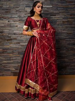 POMCHA - Maroon Taffeta Lehenga (Set of 3)