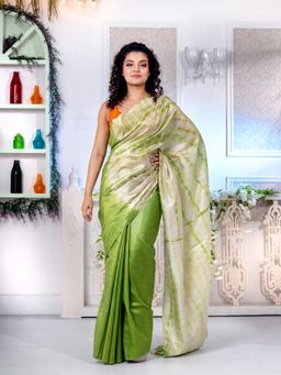 CHARUKRITI - Sap Green Blended Tusser Ombre Saree with Half Tie and Dye with Unstitched Blouse