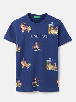 United Colors of Benetton - Blue Printed Regular Fit T-Shirt