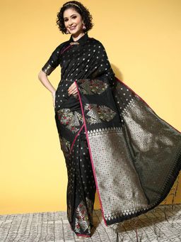 Odette - Silk Blend Black Woven Design Saree with Unstitched Blouse
