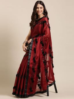 Vastranand - Red Flower Ribbon Work Party Wear Saree with Unstitched Blouse