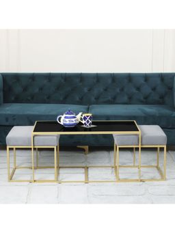 Claymint - Benton Nesting Black Glass Coffee Table Set with 2 Stools In Gold Finish