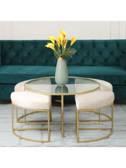 Claymint - Benton Nesting Clear Glass Coffee Table Set with 4 Stools In Gold Finish