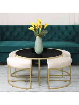 Claymint - Benton Nesting Black Glass Coffee Table Set with 4 Stools In Gold Finish