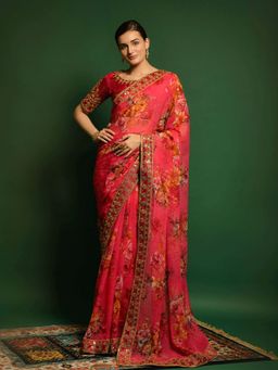 Odette - Exceptional Designer Orange Printed Georgette Saree with Unstitched Blouse