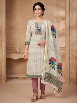 Stylee LIFESTYLE - Beige Linen Shimmer Digital Printed Unstitched Kurta with Bottom & Dupatta