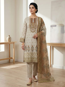 Stylee LIFESTYLE - Beige Linen Shimmer Digital Printed Unstitched Kurta with Bottom & Dupatta