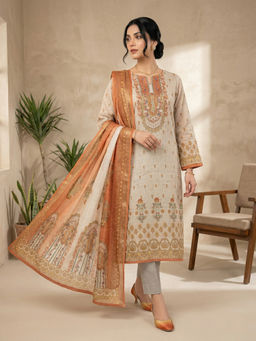 Stylee LIFESTYLE - Beige Linen Shimmer Digital Printed Unstitched Kurta with Bottom & Dupatta