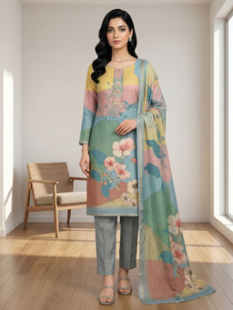 Stylee LIFESTYLE - Teal Linen Shimmer Digital Printed Unstitched Kurta with Bottom & Dupatta