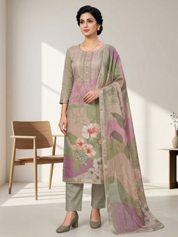 Stylee LIFESTYLE - Olive Linen Shimmer Digital Printed Unstitched Kurta with Bottom & Dupatta