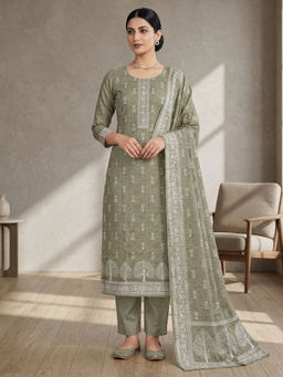 Stylee LIFESTYLE - Olive Linen Shimmer Digital Printed Unstitched Kurta with Bottom & Dupatta