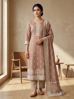 Stylee LIFESTYLE - Rust Linen Shimmer Digital Printed Unstitched Kurta with Bottom & Dupatta