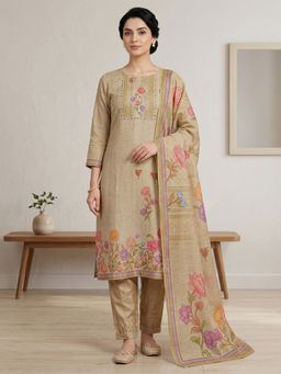 Stylee LIFESTYLE - Yellow Linen Shimmer Digital Printed Unstitched Kurta with Bottom & Dupatta