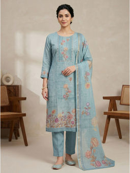 Stylee LIFESTYLE - Teal Linen Shimmer Digital Printed Unstitched Kurta with Bottom & Dupatta