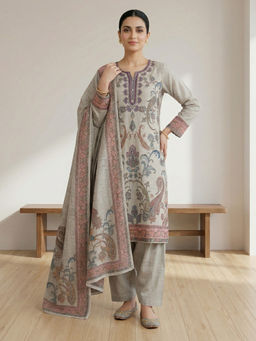 Stylee LIFESTYLE - Olive Linen Digital Printed Unstitched Kurta with Bottom & Dupatta