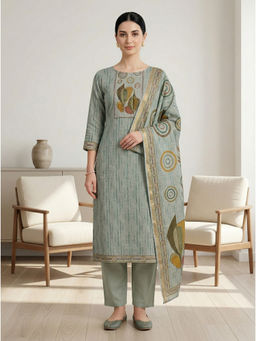 Stylee LIFESTYLE - Green Linen Shimmer Digital Printed Unstitched Kurta with Bottom & Dupatta
