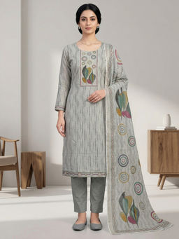 Stylee LIFESTYLE - Grey Linen Shimmer Digital Printed Unstitched Kurta with Bottom & Dupatta
