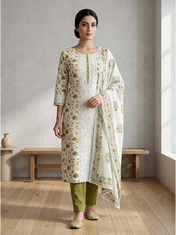 Stylee LIFESTYLE - Green Pure Cotton Digital Printed Unstitched Kurta with Bottom & Dupatta