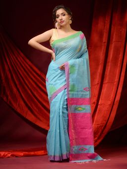 CHARUKRITI - Arctic Blue Cotton Silk Ethnic Motifs and Sequin Pallu Saree with Unstitched Blouse