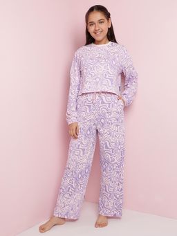 Lil Tomatoes - Girls Abstract Cotton Night Suits-Purple (Set of 2)