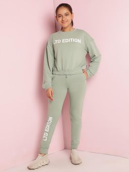 Lil Tomatoes - Girls Typography Looper Track Suits-Oil Green (Set of 2)