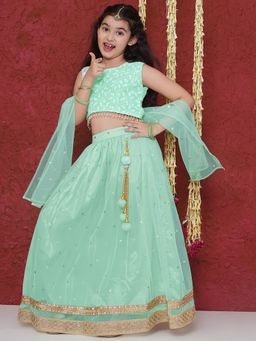 AJ Dezines - Pista Schiffli Sleeveless Sequence Lehenga Choli for Girls (Set of 3)