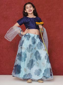 AJ Dezines - Dark Blue Organza Floral Print Lehenga Choli for Girls (Set of 3)