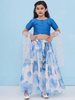 AJ Dezines - Blue Organza Half Sleeves Floral Print Lehenga Choli for Girls (Set of 3)