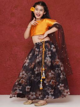 AJ Dezines - Yellow Organza Half Sleeves Floral Print Lehenga Choli for Girls (Set of 3)