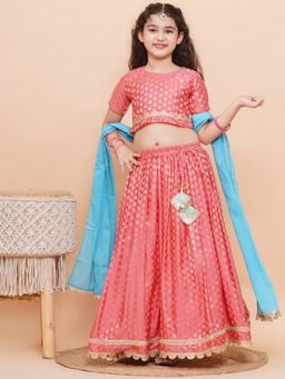 AJ Dezines - Peach Poly Chanderi Motif Print Lehenga Choli for Girls (Set of 3)