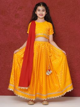 AJ Dezines - Yellow Poly Chanderi Motif Print Lehenga Choli for Girls (Set of 3)