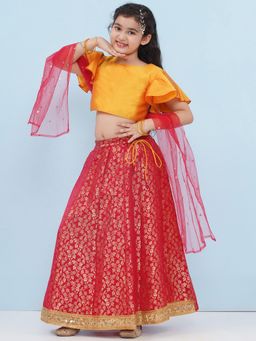 AJ Dezines - Red Brocade Half Sleeves Jal Embroidery Lehenga Choli for Girls (Set of 3)