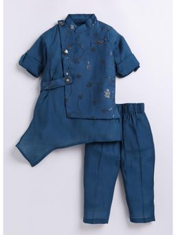 Little Collars - Silk All Over Embroidered Kurta and Pyjama Broach-Blue (Set of 2)
