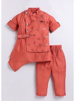 Little Collars - Silk All Over Embroidered Kurta and Pyjama Broach-Red (Set of 2)