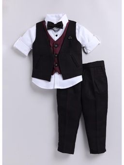 Little Collars - Cotton Rayon Checks Jacket Full Pant Shirt, Bow Tie-Wine (Set of 4)