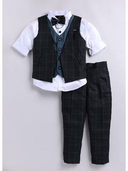 Little Collars - Cotton Rayon Checks Jacket Full Pant Shirt, Bow Tie-Green (Set of 4)