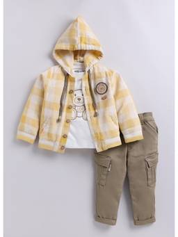 Little Collars - Cotton Blend Checks Shirt Full Pant T-Shirt-Yellow (Set of 3)
